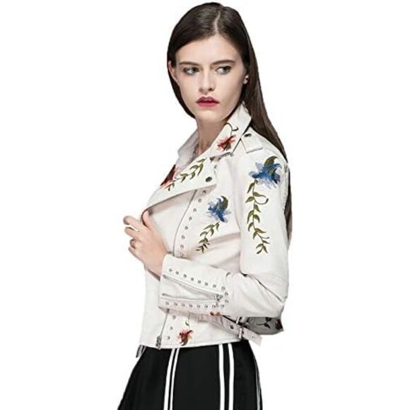 Women Beige Floral Embroidered Faux Leather Jacket PU Coat Stylish Outerwear - Picture 5 of 7